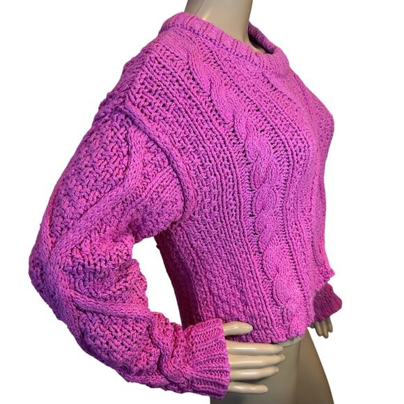 Free People Cutting Edge Cable Knit Sweater Hot Pink Cotton Pullover Crop Small - Picture 4 of 14